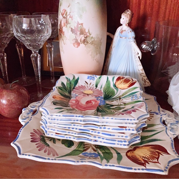 Italian Majolica Cake Set Platter/6 Plates Renaissance Revival Faïence Nove Rose - Picture 1 of 6